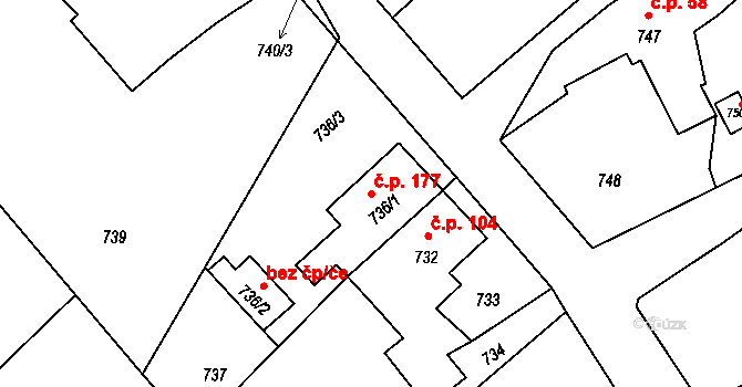 Rudice 177 na parcele st. 736/1 v KÚ Rudice u Blanska, Katastrální mapa