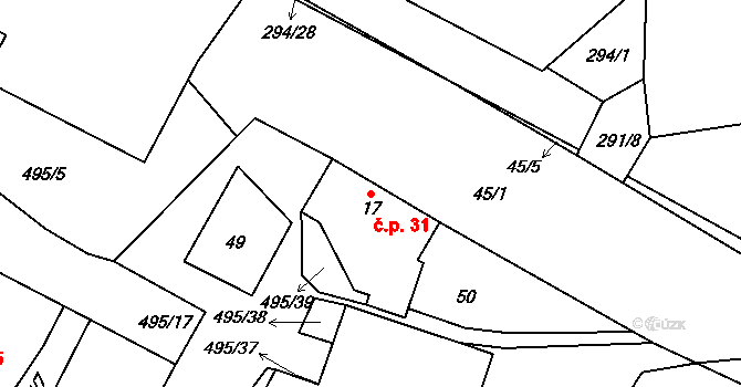 Velká Rovná 31, Pacov na parcele st. 17 v KÚ Velká Rovná, Katastrální mapa