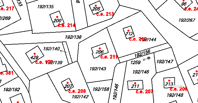 Dřenice 211, Cheb na parcele st. 206 v KÚ Dřenice u Chebu, Katastrální mapa