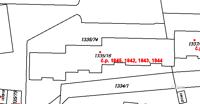 Modřany 1842,1843,1844,1845, Praha na parcele st. 1335/16 v KÚ Modřany, Katastrální mapa