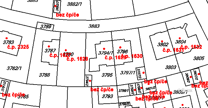 Strašnice 1629, Praha na parcele st. 3794/1 v KÚ Strašnice, Katastrální mapa