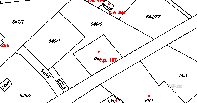 Ráj 107, Karviná na parcele st. 651 v KÚ Ráj, Katastrální mapa