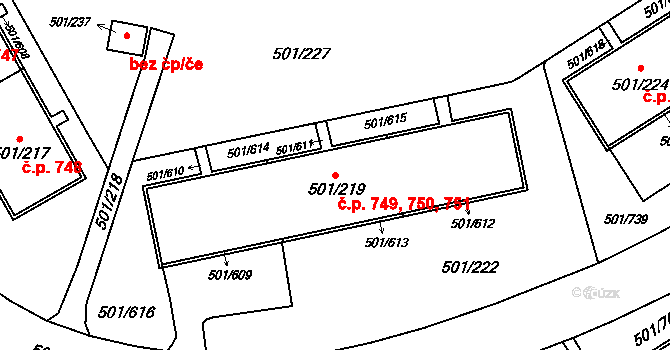 Ráj 749,750,751, Karviná na parcele st. 501/219 v KÚ Ráj, Katastrální mapa