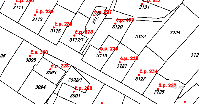 Dolní Kounice 236 na parcele st. 3119 v KÚ Dolní Kounice, Katastrální mapa