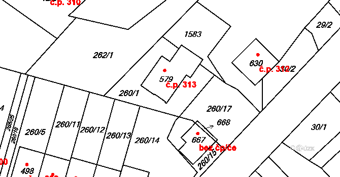 Velký Beranov 313 na parcele st. 579 v KÚ Velký Beranov, Katastrální mapa