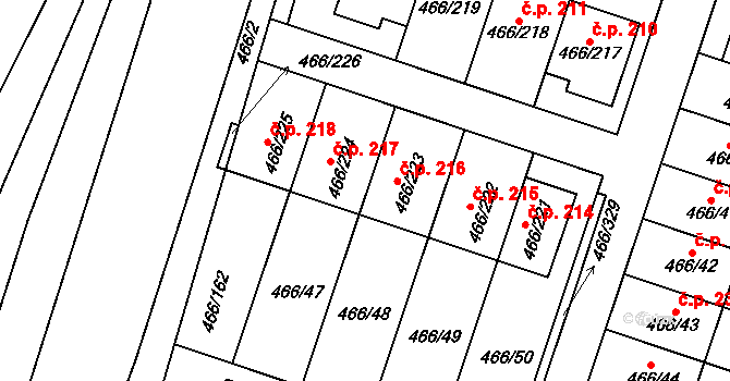 Rebešovice 216 na parcele st. 466/223 v KÚ Rebešovice, Katastrální mapa