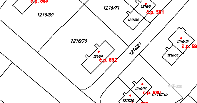 Hrušov 592, Ostrava na parcele st. 1216/4 v KÚ Hrušov, Katastrální mapa