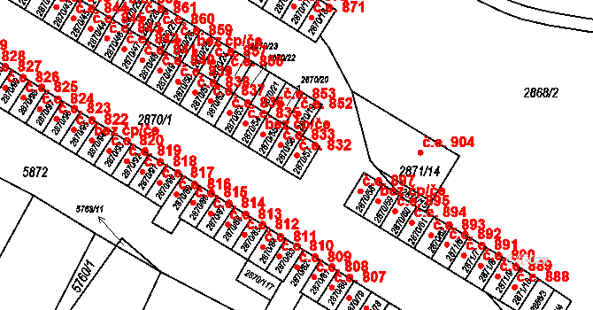 Velké Meziříčí 832 na parcele st. 2870/57 v KÚ Velké Meziříčí, Katastrální mapa