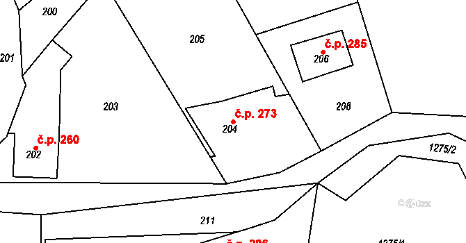 Zádveřice 273, Zádveřice-Raková na parcele st. 204 v KÚ Zádveřice, Katastrální mapa