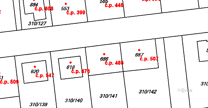 Prštné 485, Zlín na parcele st. 686 v KÚ Prštné, Katastrální mapa