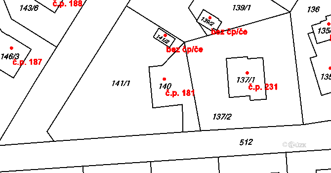Chlebičov 181 na parcele st. 140 v KÚ Chlebičov, Katastrální mapa