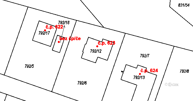 Štěnovice 623 na parcele st. 792/12 v KÚ Štěnovice, Katastrální mapa
