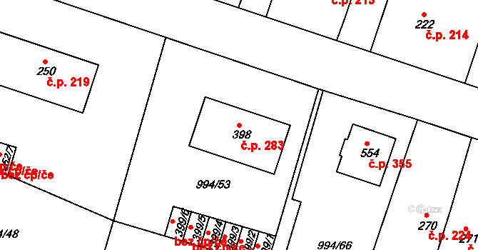 Čimelice 283 na parcele st. 398 v KÚ Čimelice, Katastrální mapa