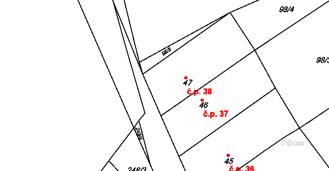 Štěpánov 38, Přelouč na parcele st. 47 v KÚ Štěpánov u Přelouče, Katastrální mapa
