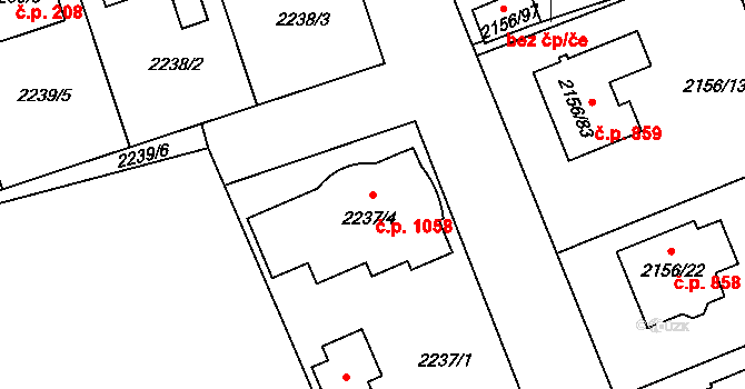 Lužice 1058 na parcele st. 2237/4 v KÚ Lužice u Hodonína, Katastrální mapa