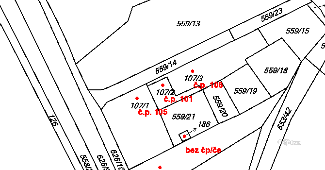 Chocenice 101 na parcele st. 107/2 v KÚ Chocenice, Katastrální mapa