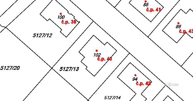 Petrůvky 40 na parcele st. 102 v KÚ Petrůvky, Katastrální mapa