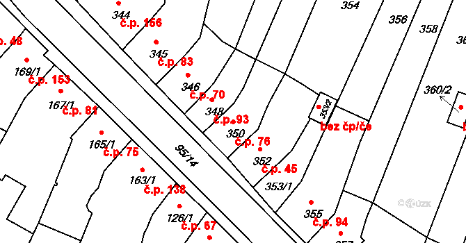 Rychlov 76, Bystřice pod Hostýnem na parcele st. 350 v KÚ Rychlov u Bystřice pod Hostýnem, Katastrální mapa