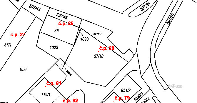 Hrušovany 29 na parcele st. 37/10 v KÚ Hrušovany u Chomutova, Katastrální mapa