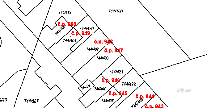 Kolovraty 947, Praha na parcele st. 744/403 v KÚ Kolovraty, Katastrální mapa