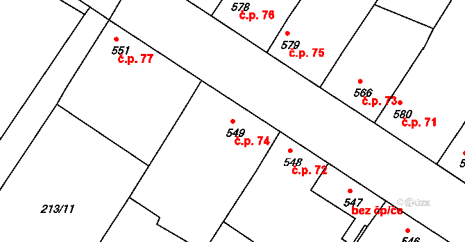 Hrádek 74 na parcele st. 549 v KÚ Hrádek u Znojma, Katastrální mapa