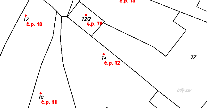 Horušice 12 na parcele st. 14 v KÚ Horušice, Katastrální mapa