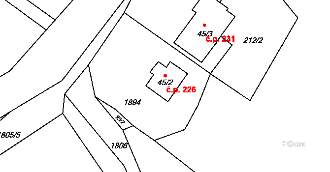 Guty 226, Třinec na parcele st. 45/2 v KÚ Guty, Katastrální mapa