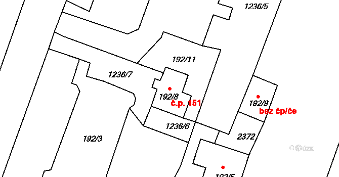 Dolní Podluží 151 na parcele st. 192/8 v KÚ Dolní Podluží, Katastrální mapa
