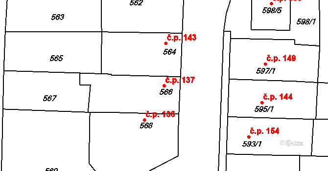 Tuchlovice 137 na parcele st. 566 v KÚ Tuchlovice, Katastrální mapa