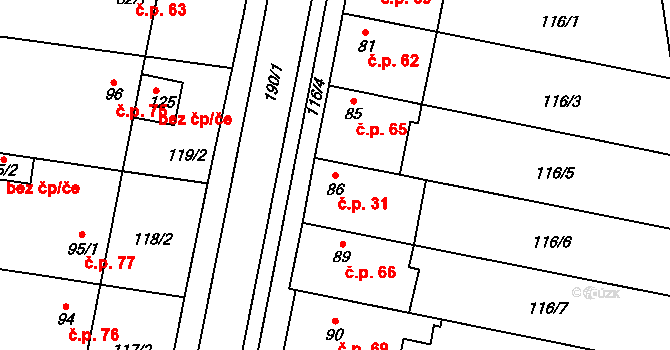 Tážaly 31, Kožušany-Tážaly na parcele st. 86 v KÚ Tážaly, Katastrální mapa