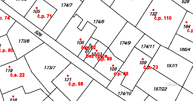 Horní Beřkovice 89 na parcele st. 107/1 v KÚ Horní Beřkovice, Katastrální mapa