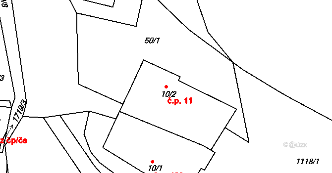Lodhéřov 11 na parcele st. 10/2 v KÚ Lodhéřov, Katastrální mapa