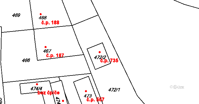 Planá nad Lužnicí 735 na parcele st. 472/2 v KÚ Planá nad Lužnicí, Katastrální mapa