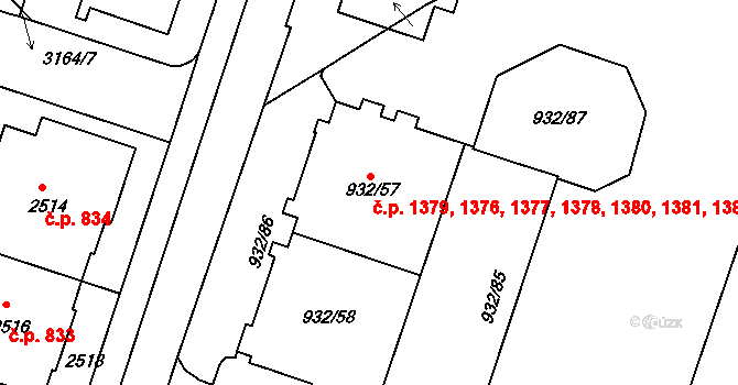 Michle 1376,1377,1378,1379,, Praha na parcele st. 932/57 v KÚ Michle, Katastrální mapa