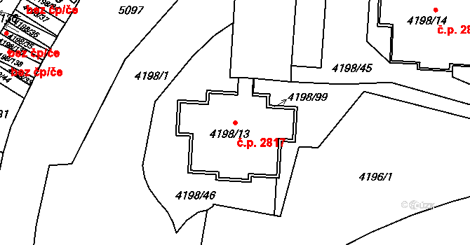 Smíchov 2817, Praha na parcele st. 4198/13 v KÚ Smíchov, Katastrální mapa