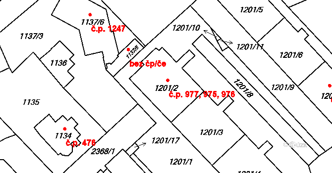 Suchdol 975,976,977, Praha na parcele st. 1201/2 v KÚ Suchdol, Katastrální mapa