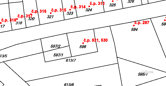 Sedlčany 530,531 na parcele st. 596 v KÚ Sedlčany, Katastrální mapa