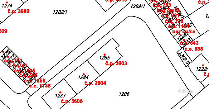 Chomutov 3603 na parcele st. 1285 v KÚ Chomutov I, Katastrální mapa