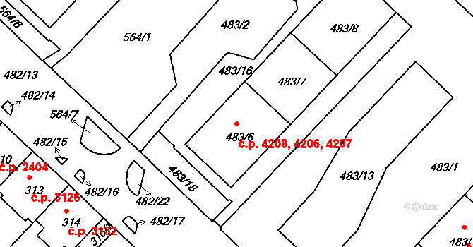 Chomutov 4206,4207,4208 na parcele st. 483/6 v KÚ Chomutov II, Katastrální mapa