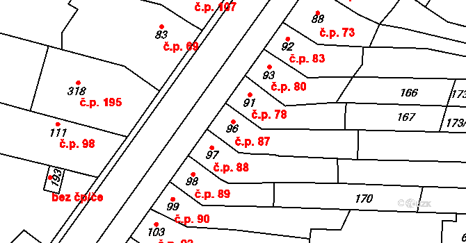 Krasice 87, Prostějov na parcele st. 96 v KÚ Krasice, Katastrální mapa