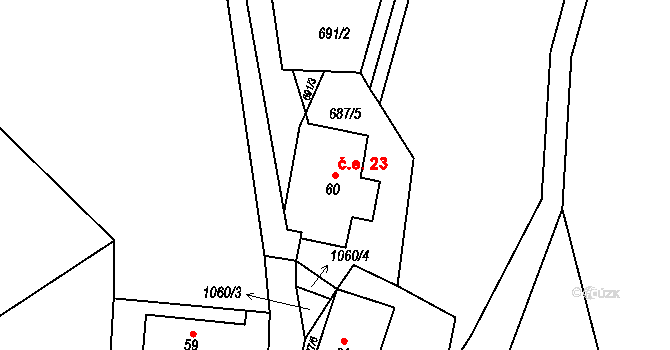 Levín 23 na parcele st. 60 v KÚ Muckov, Katastrální mapa