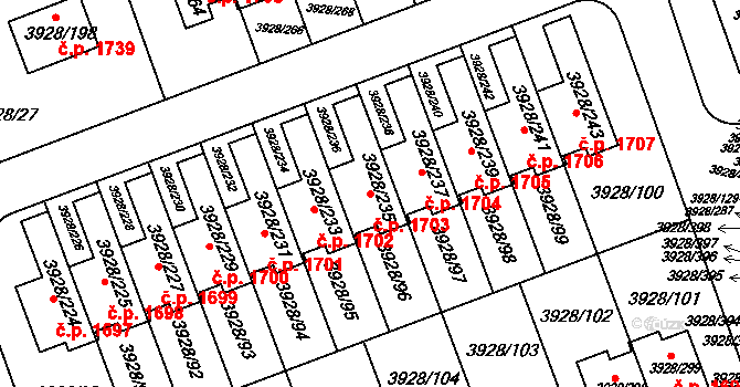 Úvaly 1703 na parcele st. 3928/235 v KÚ Úvaly u Prahy, Katastrální mapa