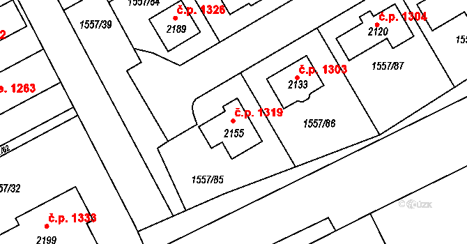 Rosice 1319 na parcele st. 2155 v KÚ Rosice u Brna, Katastrální mapa