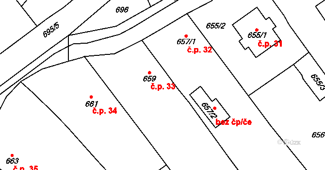 Hněvošice 33 na parcele st. 659 v KÚ Hněvošice, Katastrální mapa