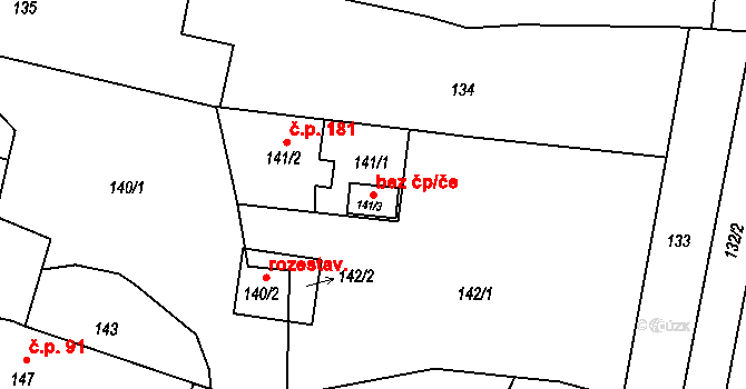 Ostrava 43883397 na parcele st. 141/3 v KÚ Hošťálkovice, Katastrální mapa