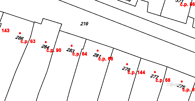 Kobeřice u Brna 65 na parcele st. 281 v KÚ Kobeřice u Brna, Katastrální mapa