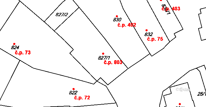 Buchlovice 803 na parcele st. 827/1 v KÚ Buchlovice, Katastrální mapa