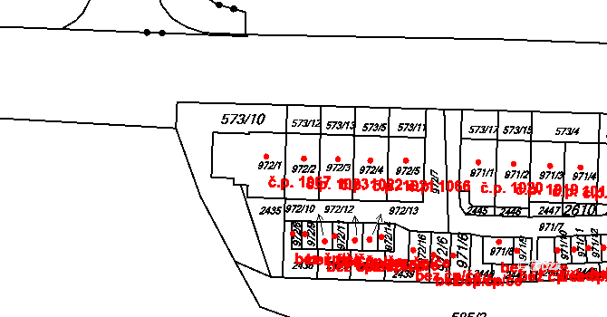 Borovina 1023, Třebíč na parcele st. 972/2 v KÚ Třebíč, Katastrální mapa