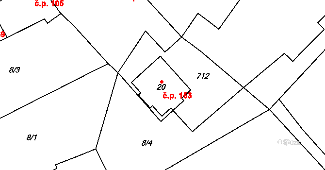 Mladeč 153 na parcele st. 20 v KÚ Mladeč, Katastrální mapa