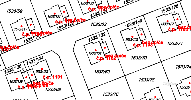 Řeporyje 1102, Praha na parcele st. 1533/131 v KÚ Řeporyje, Katastrální mapa